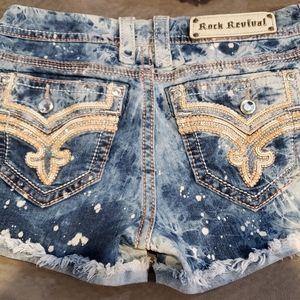 🤘ROCK REVIVAL🎸 KIRA ACID WASH EMBELLISHED EMBROIDERED SHORTS 28